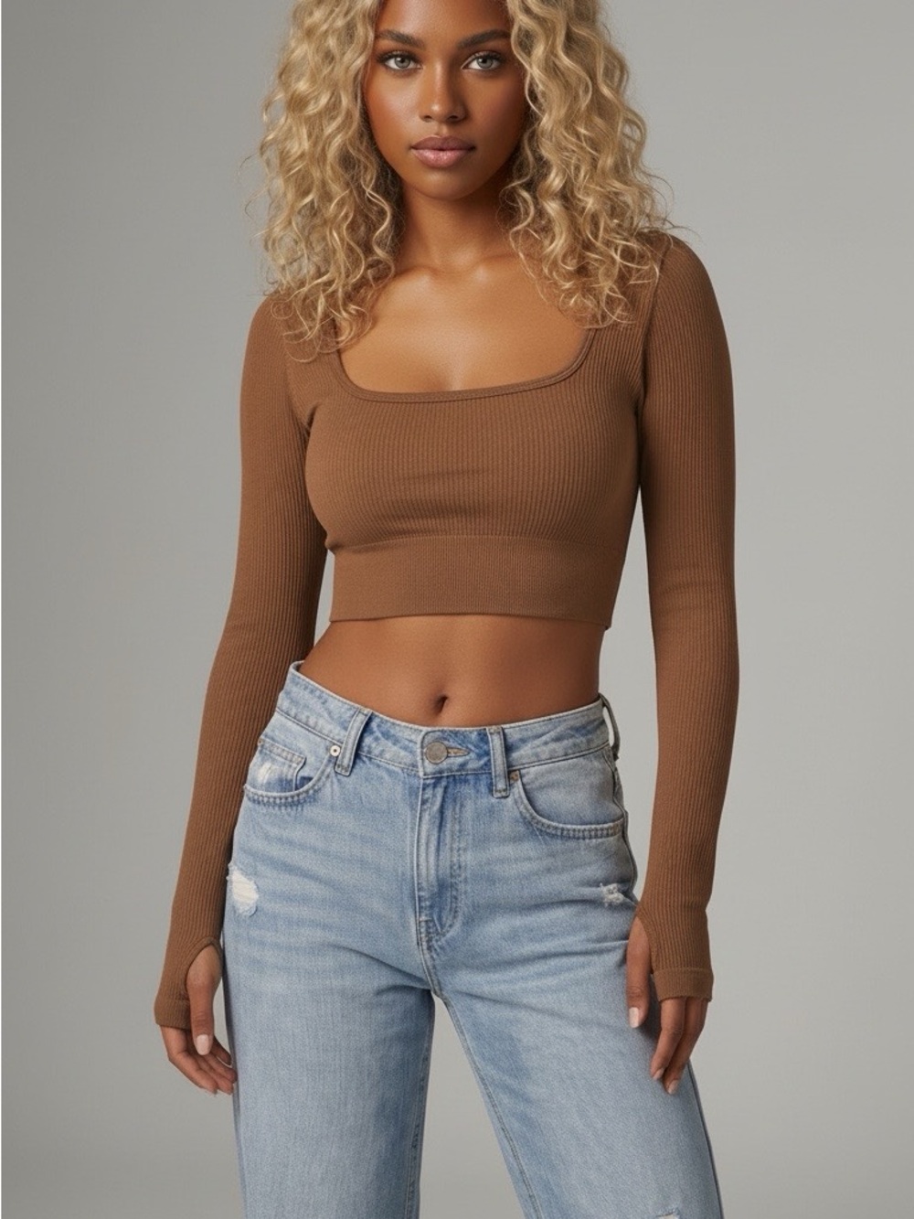OQQ Ribbed Square-Neck Long Sleeve Crop Top - Brown